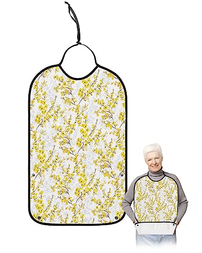 Watercolor Flower Adult Bib for Eating with Crumb Catcher,Washable & Waterproof Terry Cloth Adjustable Elderly Women Men Adult Bibs Funny Apron Clothing Protector Autumn Leaves Farmhouse Yellow