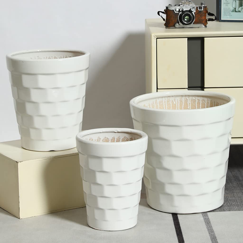 Vasi da Giardino Vaso per Piante in Ceramica con Foro di drenaggio e piattino, vasi da Fiori da Giardino Moderni da 7/9/11 Pollici con Motivo a Blocchi in muratura, Bianco
