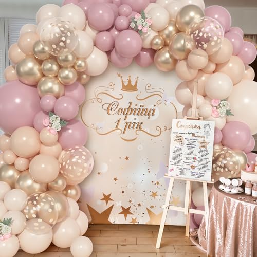 Image of Ouddy Life 157 Pcs Boho Dusty Pink Balloons Arch Garland Kit, Blush Pink Sand White Metallic Gold Different Size Balloon for Baby Shower Birthday Wedding Gender Reveal Mothers Day Party Decorations