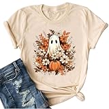 Fall Shirts for Women Halloween Tops Cute Pumpkin Graphic Letter Tees Thanksgiving T Shirts Fall Blouse Gifts(Medium,Beige42)
