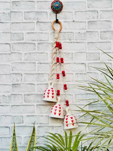 Image of Crafty Co. Decorative Wall & Door Hanging Toran with Bells for Home Entrances (White & Red)- Bunch of 3 Big Bells | Macrame Wall Hanging Toran for Diwali, New Year, Festive Decoration & Door Decor