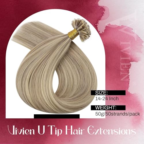 Vivien U Tip Human Hair Extensions Blonde Nail Tip Hair Extensions Highlight Light Blonde with Golden U Tip Hair Extensions Human Hair Silky Straight 50g/50s #16/22 22 Inch - Image 2