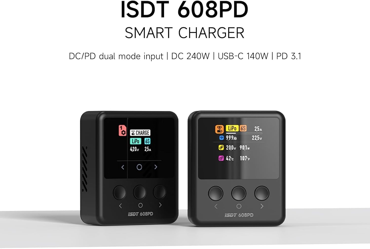 ISDT 608PD Lipo Akku Ladegerät DC 6S/240W/10A USB C 100W/5A für RC-Akkus Balance Ladegerät für Life/Lilon/LiPo/LiHV (1-6S),NiMH(1-16S),Pb (1-12S) Batterien