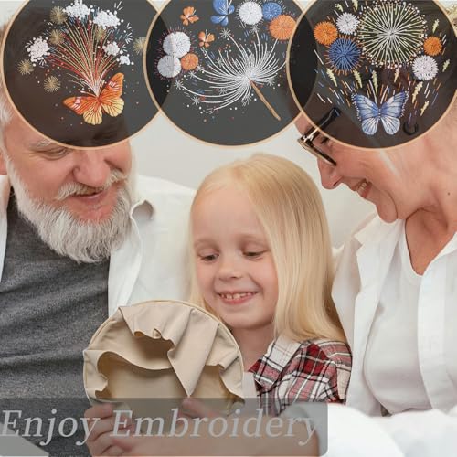 Image of FONNUY 3 Set Crewel Embroidery Kit for Beginners, Fireworks Blooming Pre-Stamped Pattern Kits for Adults with Hoop, Easy to Follow Needlework, 8''