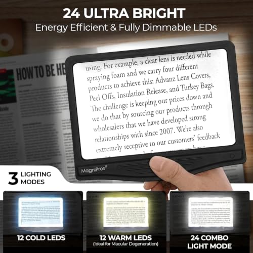 Image of MAGNIPROS 5X Rechargeable LED Page Magnifier with Foldable Stand, Hands-Free Lighted Magnifier with 3 Color Modes, Anti-Glare Lens for Reading Small Print, Low Vision, Seniors, Crafts