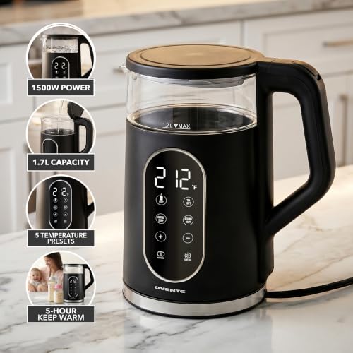Image of OVENTE 1.7L Electric Kettle with Digital Touchscreen, 1500W, Black KD96B | Fast-Boiling Water Heater, Double-Wall Cool-Touch, 5Hr Keep Warm, Auto Shut-Off, Boil-Dry Protection, Borosilicate Glass