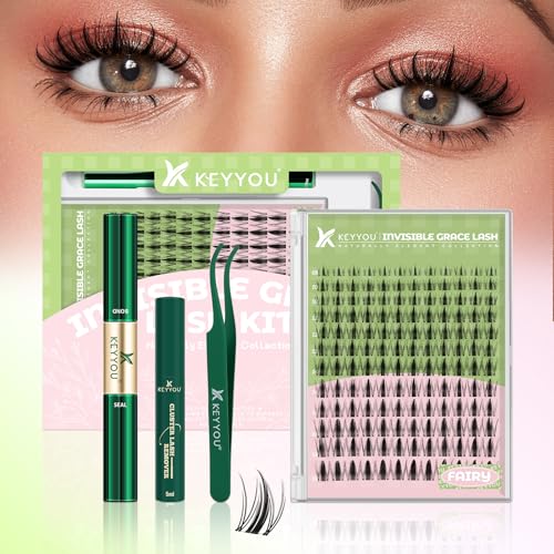 KEYYOU Fairy Lash Clusters Kit Manga Lash Extension Kit D Curl 144Pcs Eyelash Extension Kit Wispy Natural Invisible Band Lash Kit with Waterproof DIY Lash Extension Kit at Home(Kit-Fairy-D-8-18MIX)