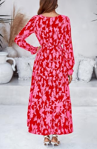 BTFBM Women Fall Dresses 2025 Casual Long Sleeve V Neck Maxi Dresses Floral Boho Long Dress Wedding Guest Dress