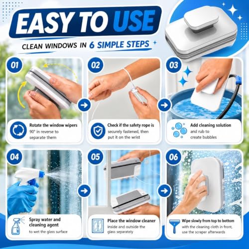 Image of Magnetic Window Glass Cleaner | Doublefaced Glass Cleaner | Double-Side Glazed Two Sided Wiper with 2 Extra Cleaning Cotton Squeegee Washing Equipment Household Magnet (CR557)