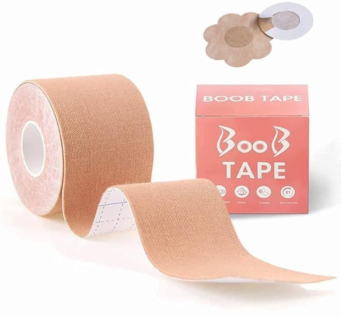 Boob Tape Kit - Instant Boob Tape with 10 Nipple Pasties for Fashion with 36 Strips Double Sided Tape for Clothes &1 Pair Reusable Nipple Cover for Women (Beige)