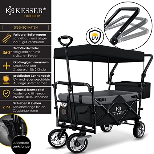 KESSER® Bollerwagen faltbar GT9000 mit Dach Handwagen Transportwagen | inkl. 2X 3-Punkt Gurtsystem| klappbar | Vollgummi-Reifen | bis 80 kg | Vorder- und Hinter-Bremse + Tragetasche, Schwarz/Grau – Bild 3