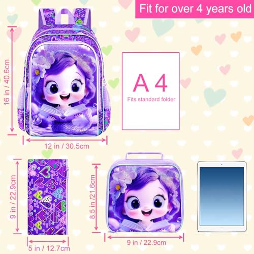 Image of AGSDON 3PCS Mermaid Backpack for Girls, 16 inch Kids Backpacks Water Resistant with Lunch Box, Bookbag for Elementary Preschool