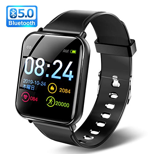【最新型?Bluetooth5.0?1.3インチ大画面】?スマートウォッチ?フルタッチスクリーン?活動量計?歩数計?心拍数?長時間稼働?カメラリモート?3種類の文字盤?6つ運動モード?IP67防水?GPS運動追跡?多機能?スマートブレスレット?着信通知?メッセージ/Twitter/Facebook/Line?長座注意?カラースクリーン?明るさ調整可能?iPhone&Android対応 (ブラック)