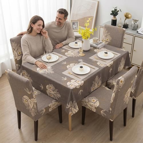 Image of Styleys Dining Chair Cover with Table Covers for Kitchen Waterproof Dining Table Cloth (1 Table Cover + 6 Chair Cover, Beige Brocade, CTSD3127)
