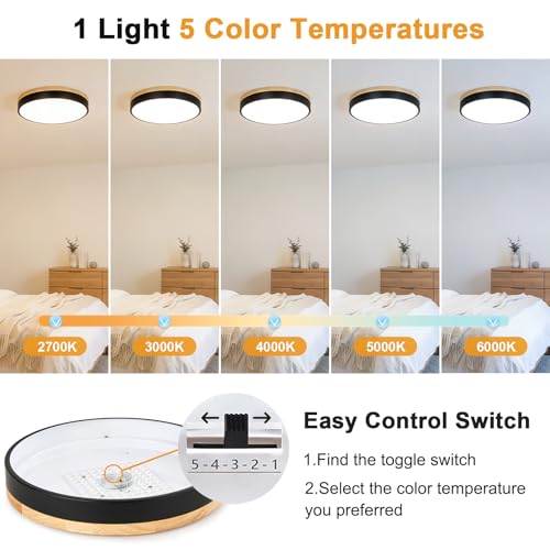 Image of Modern LED Wood Black Round Flush Mount Ceiling Light 15.74 Inch