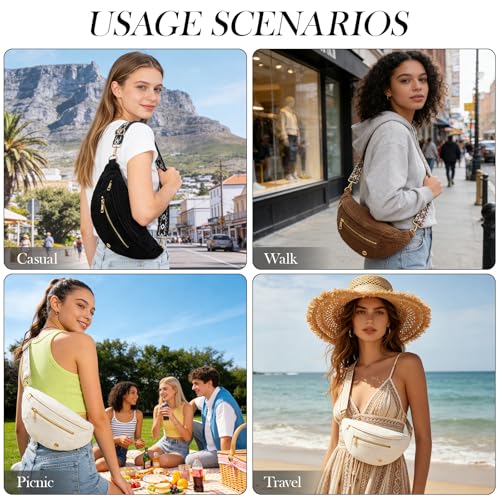 Image of MAXTOP Black Crossbody Bags for Women Corduroy Fanny Packs for Women Vintage Sling Waist Bag with Geometric Wide Strap Fashion Shoulder Bag Lightweight Belt Bag for Travel Casual Outdoors