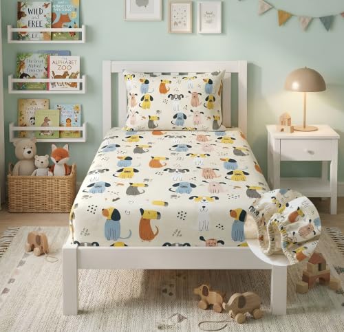 Image of VAS COLLECTIONS Single Bed Fitted Bedsheet 36x72+8 Inches with 1 Pillow Cover | 180 TC Microfiber Elastic Bed Sheet | Soft Breathable Cute Printed Design for Kids & Couples (Kid Puppy Print)