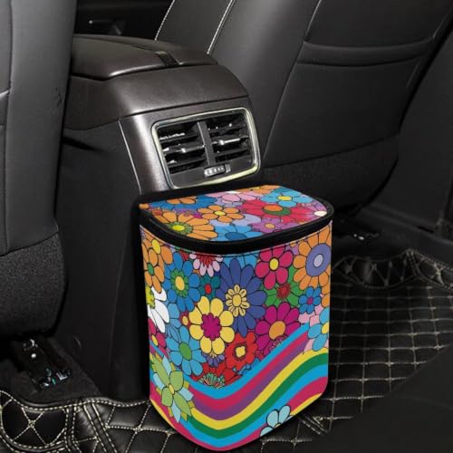 Image of Colorful Groovy Floral Garbage Can /Bag with Lid Organizer and Storage Bag Auto Rubbish Bags Universal Car Accessories Interior Decoration