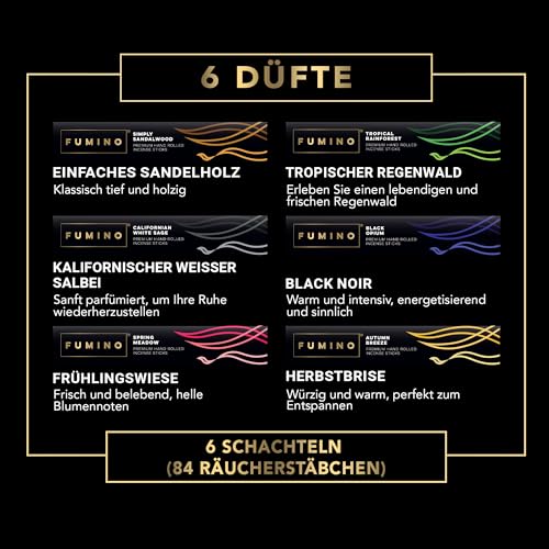 Fumino Räucherstäbchen Set Essentiell – Handgefertigte Masala Agarbatti für Entspannung, Meditation & Duft – 6 Boxen, 84 Stäbchen