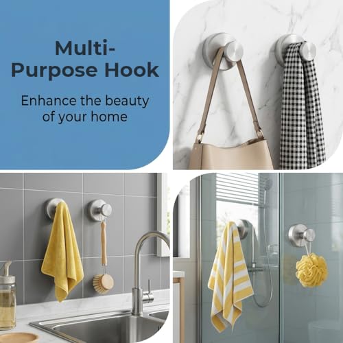 Image of HASTHIP 2PCS Vacuum Suction Cup Hooks Shower Hooks No Drill Towel Hooks Rustproof Stainless Steel Wall Hooks for Bathroom Glass Mirror