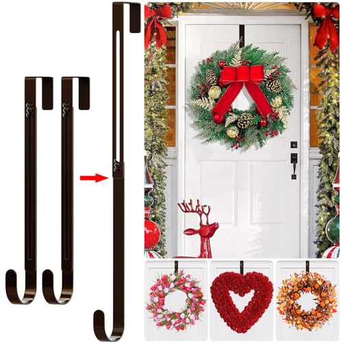 Image of 2-Pack Wreath Hooks for Front Door, 12.5-20 inch Extendable Heavy Duty Metal Over The Door Hooks (22 lbs) for Spring Decor & Coats, Slim Damage-Free Hanger for Tall & Screen Doors, Brushed Nickel