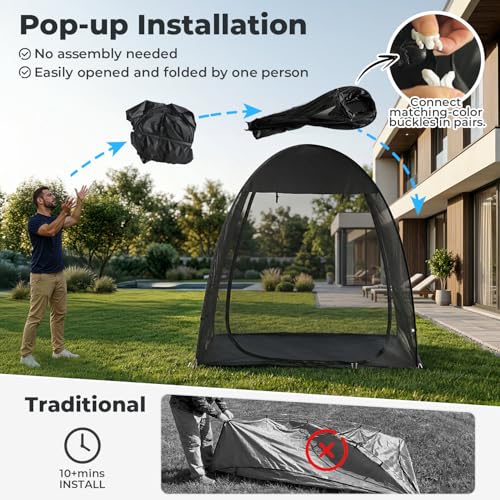 Image of Alvantor Pop Up Screen House Tent 7x4 FT, Snap-fit Black Mesh Screen Gazebo with Peaked Roof, Portable Screen Room Canopy Shelter with Sunshade & Sandbags for Camping, Backyard, Picnic