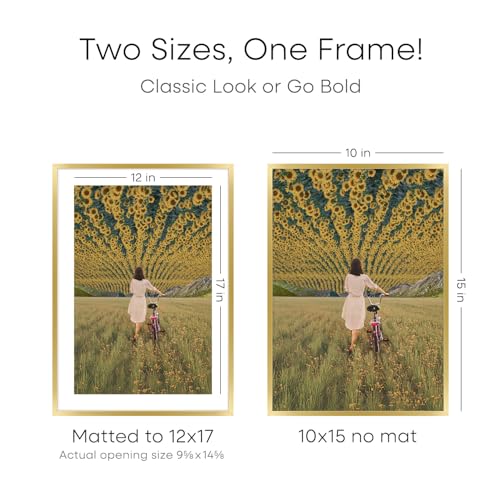 Image of Homeforia 12x17 Picture Frame Gold, High End Metal 12x17 Poster Frames with Mat 10x15 Photo, 12 x 17 Gold Frame Matted to 10 by 15 Print, 17by12 Thin Hanging Frames, Tempered Glass, Wall Kit, Set of 2