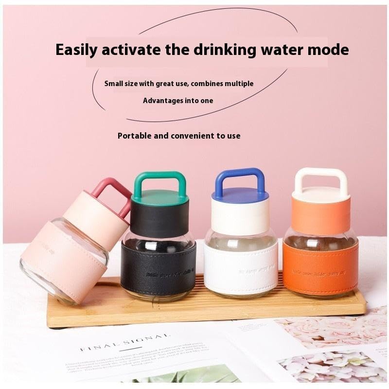 Image of Aesthetic Mini Glass Water Bottle with Handle Set Of 2, 300ml Handle & Protective Faux Leather Sleeve, Travel Tumbler for Coffee, Tea, & Juice, Leak-Proof, Pocket Bottle for School, Office -Multicolor