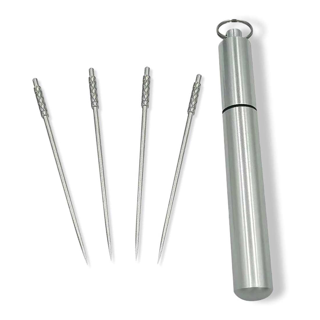 4 pieces titanium toothpicks set with stainless toothpick holder for keychain-portable outdoor non-toxic reusable toothpicks- ideal for camping fruit pickspill container- great christmas giveaways