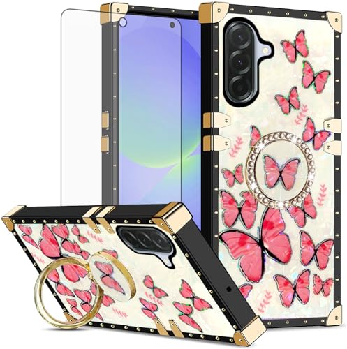 Phone Case for Samsung Galaxy A36/A56 5G Cell Cover with Tempered Glass Screen Protector and Butterfly Pattern Shockproof Protection Ring Hard Holder A 36 56 36A 56A LTE SM-A366U Women Girls Rose Red