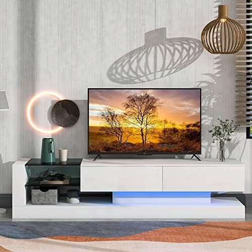 KUTOLAKI TV Stand with Two Media Storage Cabinets Modern High Gloss Entertainment Center for 75 Inch TV, TV Table Storage Bookcase Shelf with 16-Color RGB LED Color Changing Lights (White)