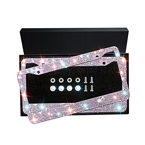Bling License Plate Frame for Women, JUJUMUS 2 Pack Rhinestone License Plate Frame with Gift Box, Bedazzled Sparkly Car Accessories for Women, Stainless Steel Frame(AB Colorful)