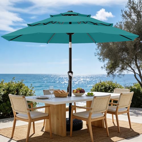 Image of AreShark 9ft 3-Tier Patio Umbrellas, Outdoor Umbrella with 8 Sturdy Ribs UV Protection Windproof, Market Table Umbrella w /Push Button Tilt & Crank for Pool, Porch, Deck, Garden(Lake Blue)