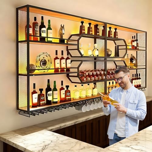 vhdurike 94.4x9.8x49.2 inch, Large Wall Mounted Wine Rack, Floating Bar Shelves with LED Light, Hanging Bottle Holder with Wine Glass Storage Racks, 3-Tier Bar Liquor Shelf for Kitchen, Bar, Rustic