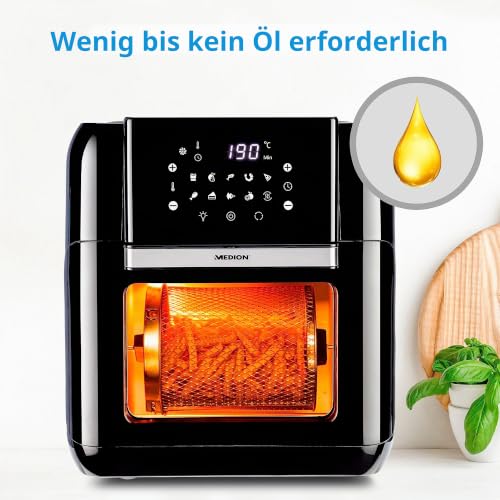 Foto von MEDION Multifunktions-Heißluftfritteuse (10L XXL-Kapazität, 360°-Wärmesystem, Frittieren, Backen, Grillen und Rösten ganz ohne Öl, 10 Automatikprogramme, MD 10072) schwarz
