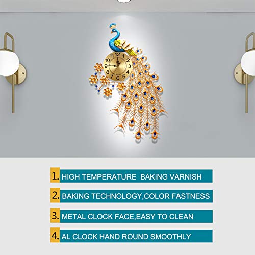 Eurson Large Peacock Wall Clock 31.5 Inch Metal Design Non-Ticking Silent Art Digital Wall Clocks For Living Room Decor Gold #TOP3