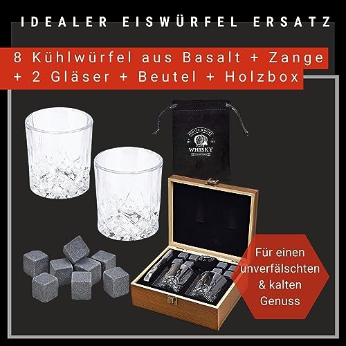Foto von WOMA Whisky Steine Set I 8 Kühlwürfel aus Basalt inkl. 2 Whiskey Gläser & Edelstahl Zange & hochwertiger Holzbox I Wiederverwendbare Eiswürfel für Whiskey Wodka Gin Rum Tequila & Cocktails
