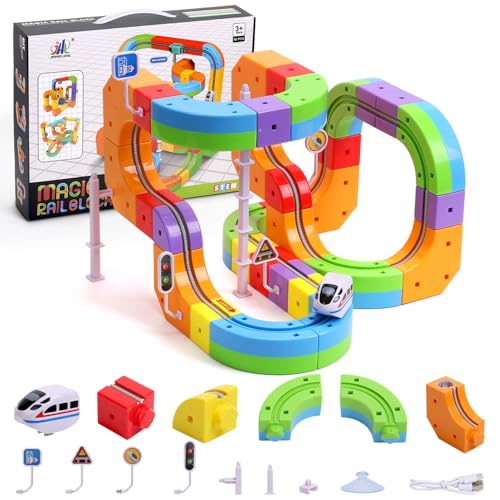 Electric Train Set for Kids,3D Infinity Flexible Track, DIY Track Building Kits with Train and Traffic Signs Traffic, STEM Gravity-Defying Learning Toy for Boys Girls 4 5 6 7 8 Birthday (Standard)