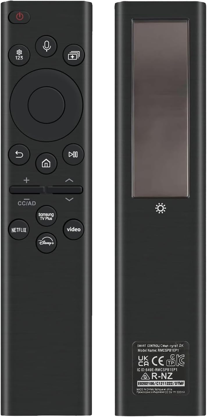 Rechargeable TV Remote for Samsung Smart TVs, Replacement for All 2019-2025 Samsung TV Remote Control with Voice Control. USB-C Fast Charging. Solar Charging. 2-Year Warranty.