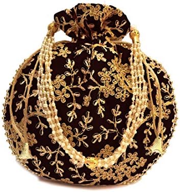 Ethnic Designer Embroidery Potli Bag For Women With Intricate Gold Thread & Sequin Work Batwa Pearls Handle(H*L:9 * 9.5(Inch),(23x24(CM), (Handle Dm:- H*L(cm) 20 * 14) (Black)