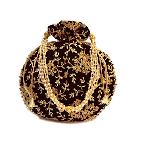Ethnic Designer Embroidery Potli Bag For Women With Intricate Gold Thread & Sequin Work Batwa Pearls Handle(H*L:9 * 9.5(Inch),(23X24(Cm), (Handle Dm:- H*L(Cm) 20 * 14) (Black) #TOP2