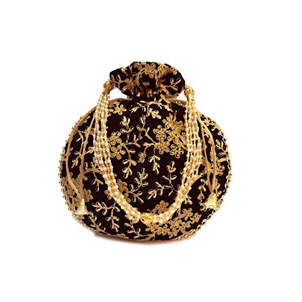 Indian Ethnic Designer Embroidered Silk Potli Bag Batwa Pearls Handle Purse Clutch Purse for Women