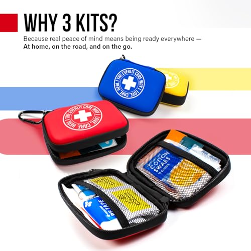 Image of EVERLIT CARE Mini-Aid First Aid Kit | Compact & Lightweight Case with Carabiners for Travel | Family & Kid Friendly 180 Pcs Wound Care Supplies for School, Work, Outdoor, Home & Office | Pack of 3