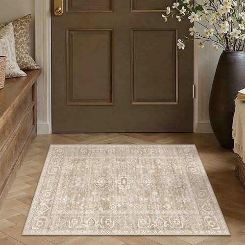 Vintage Fussmatte Teppich 60x90cm Beige Fußmatte Waschbarer Carpet Weich rutschfest Klein Teppiche Schlafzimmer Esszimmer Büro Kurzflor Tepich Carpe