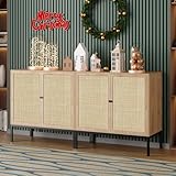 Yechen Set of 2 63' Sideboard Cabinet with Natural Rattan Doors, Buffet Console & Accent Cabinet, Rattan Credenza Storage with Metal Legs for Living Room, Kitchen, Dining Room