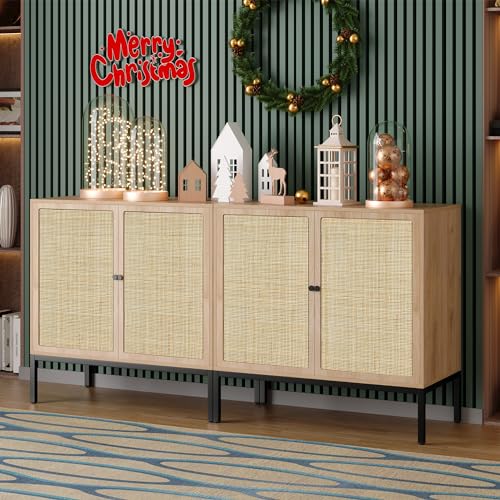 Image of Yechen Set of 2 63" Sideboard Cabinet with Natural Rattan Doors, Buffet Console & Accent Cabinet, Rattan Credenza Storage with Metal Legs for Living Room, Kitchen, Dining Room