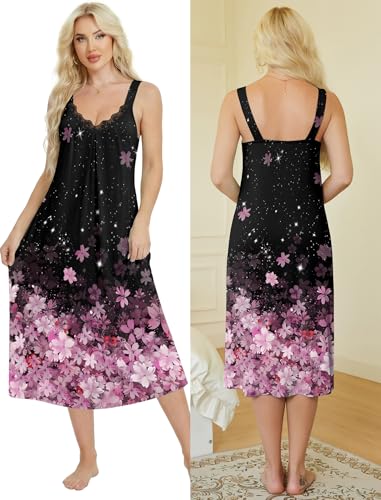 Ekouaer Sleeveless Nightgowns for Women Lace V-neck Long Nightdress Wide Strap Sleepwear Soft Lounge Dresses, Black Pink Floral, 3XL — view 6