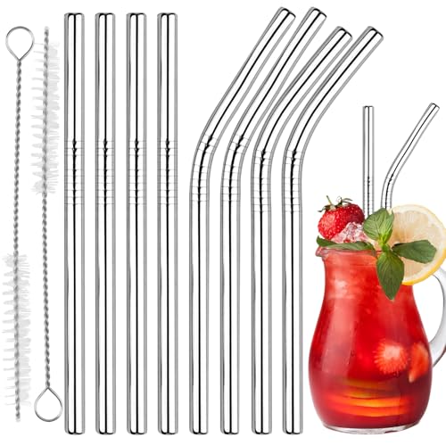 10-Pack Stainless Steel Smoothie Straws Reusable - 4 Straight and 4 Bent 5'' Straw with 2 Cleaning Brushes - 0.24'' Wide Metal Drinking Straws for Milkshake, Smoothie, Beverage