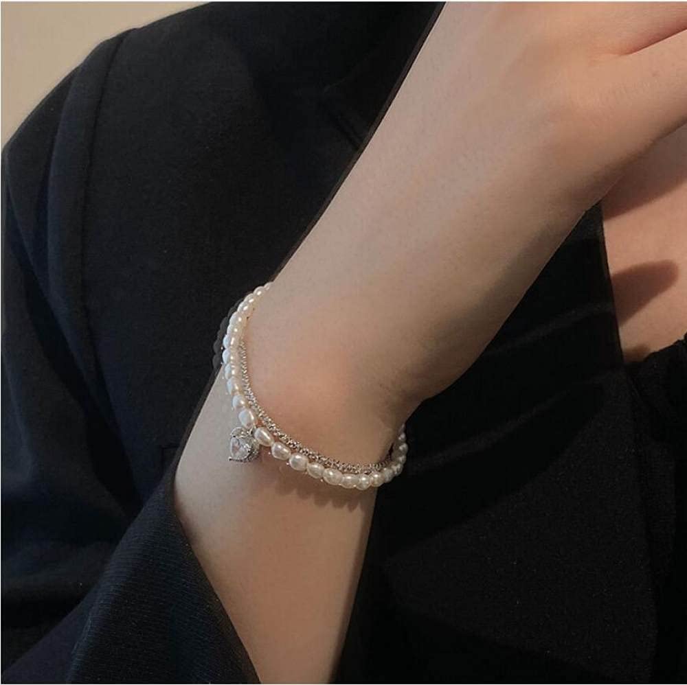 Silber Armband Damen 925,925 Sterling Silber Armband Glänzende Herzperle Doppelschicht Freundschaftsarmband Einstellbare Romantische Schmuckgeschenke Für Frau Freundin Zum Geburtstag