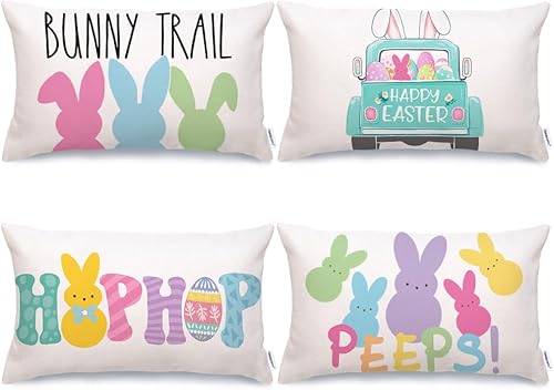 Miniatura 7 de GEEORY G482-18 - Juego de 4 fundas de almohada de Pascua de 18 x 18 pulgadas, conejos conejos, huevos de Hello Peeps, camiones, Hip Hop a rayas,